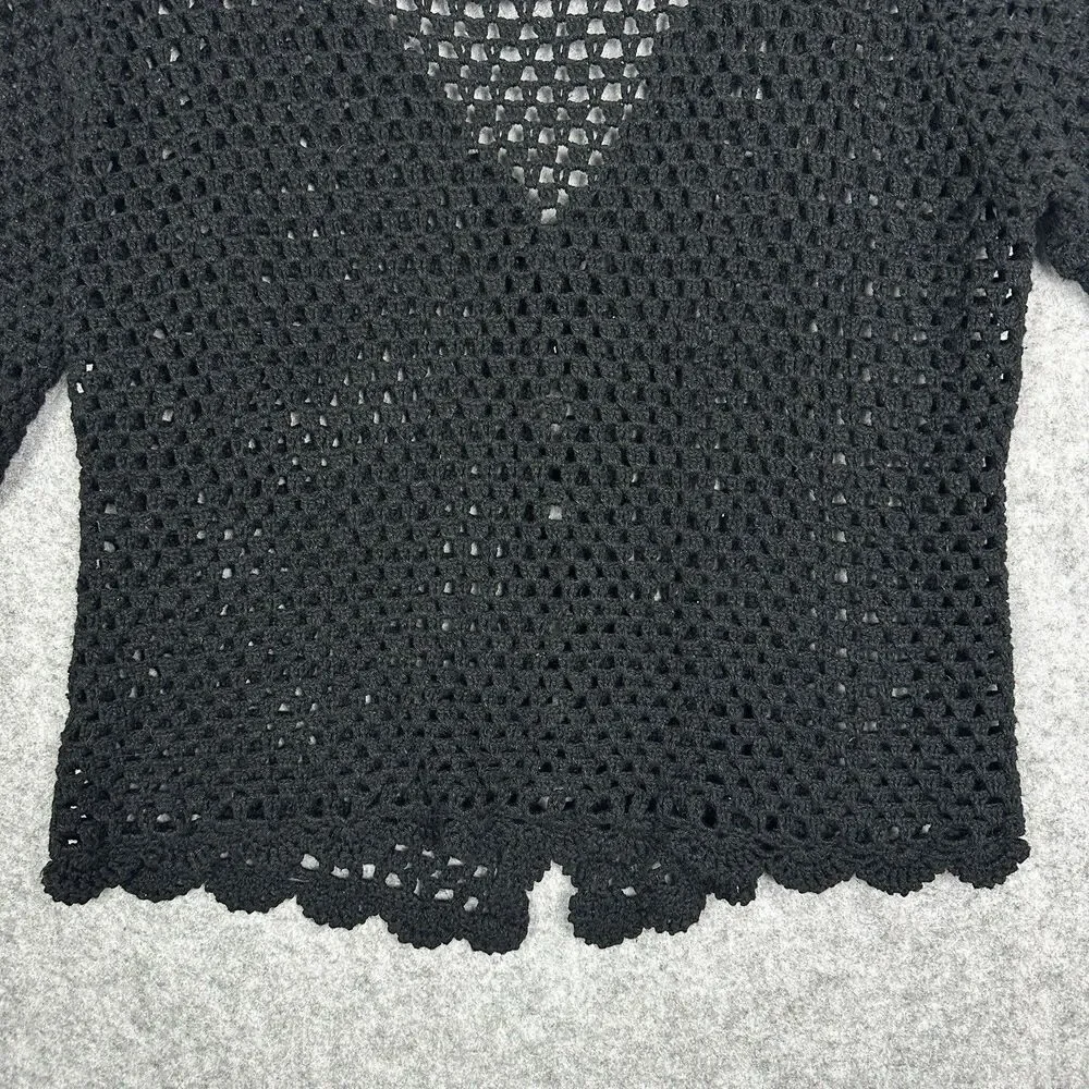 VTG Norm Thompson Black Crochet Knit Cardigan Sweater Sz S Linen Cotton Scallop